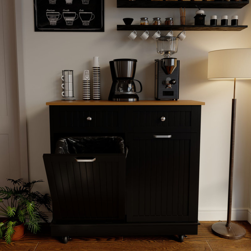Black Double Tilt Out Trash Cabinet with Countertop and Drawer