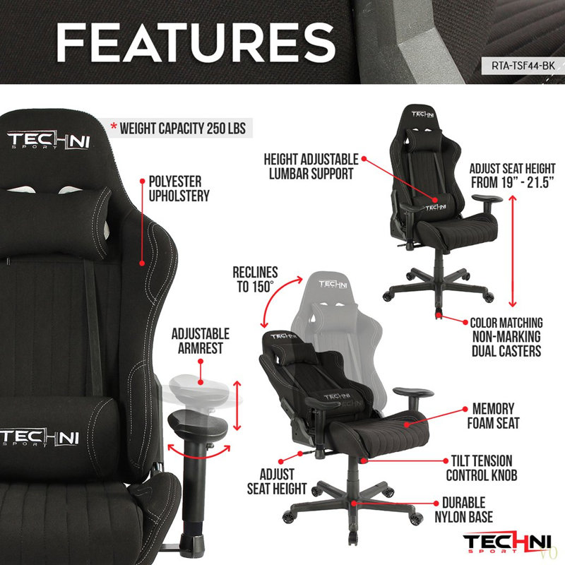 Techni Sport TS-F44 Fabric Ergonomic High Back Racer Style PC Gaming Chair
