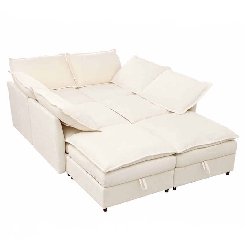 6-Piece Modular Sofa Bed With Storage, Beige Polyester