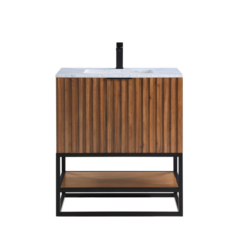 Terra 30'' Single Bathroom Vanity with Top, Walnut, Carrara Marble/Single Faucet Mount, Matte Black