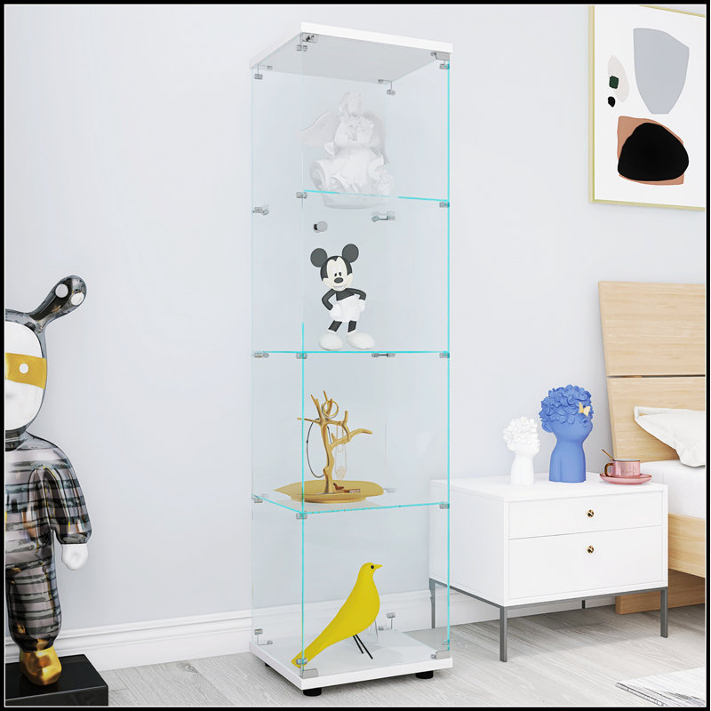 4 Shelves Reinforced Glass Display Cabinet with One Door, Durable and Space-Efficient Storage Solution, White