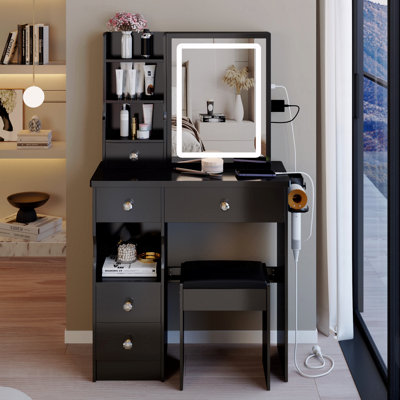 29.2" Small Size Left Drawer Desktop Vanity Table + Cushioned Stool, 2 AC+2 USB Power Station, Hair Dryer Bracket, Extra Large Touch Control Sliding LED Mirror, Tri-Color Switching, Brightness Adjust