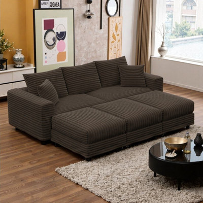 102.4" Solid Wood Frame Plush Corduroy Convertible 4-Seat Sofa With 3 Storage Ottomans