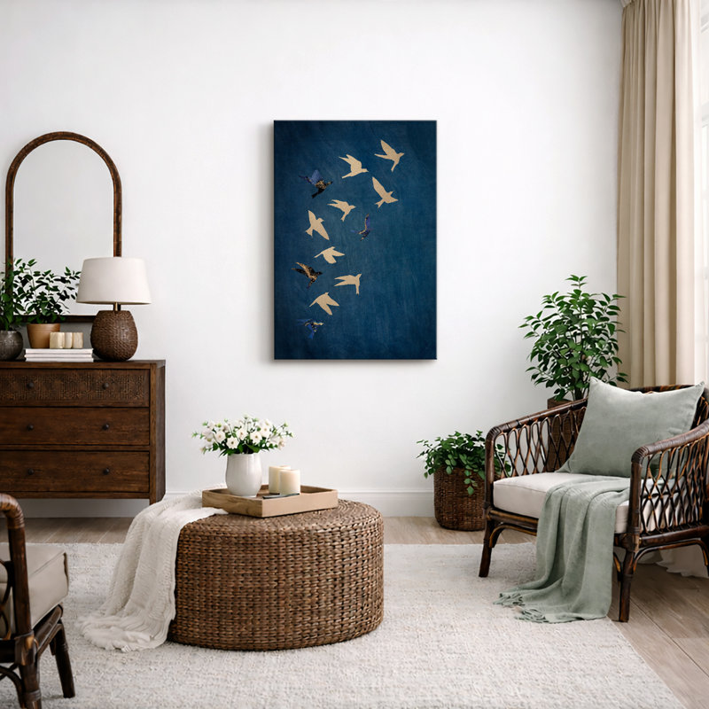 Oiseau volant indigo bleu marine, images de chambre à coucher minimalistes abstraites rétro, impression sur toile encadrée