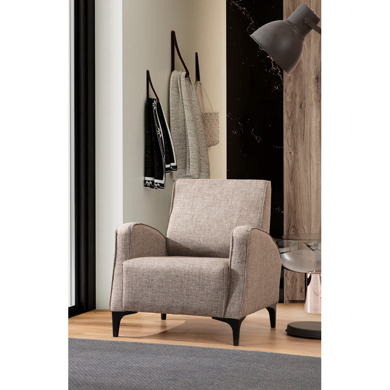 Fauteuil à oreilles élégant, couleur fauve, 30,7 po x 34,3 po x 30,7 po | Structure en bois de hêtre et en carton, tissu 100% polyester | Comprend 2 coussins, coussins fixes, nettoyage à sec | Parfait pour les décors hôteliers, industriels et scand