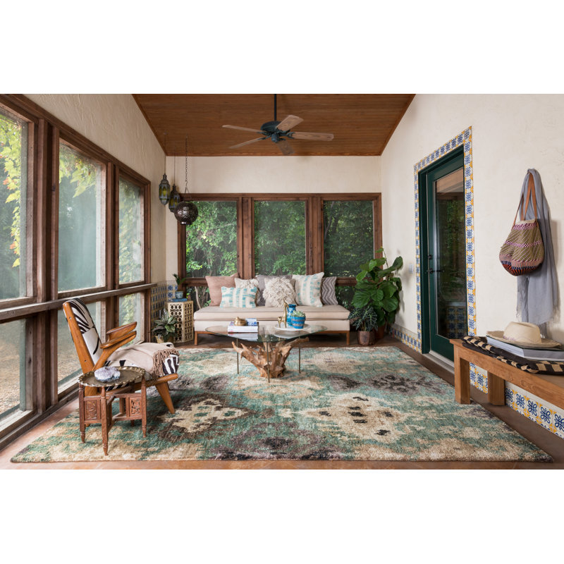 Tapis turquoise en jute / sisal noué à la main Ikat, Rectangle 7 pi 9 po x 9 pi 9 po