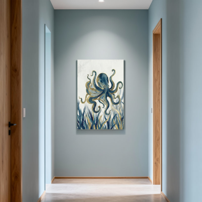 Animaux, pieuvre bleue avec des accents dorés sur fond d'algues, H 12 po x l 18 po