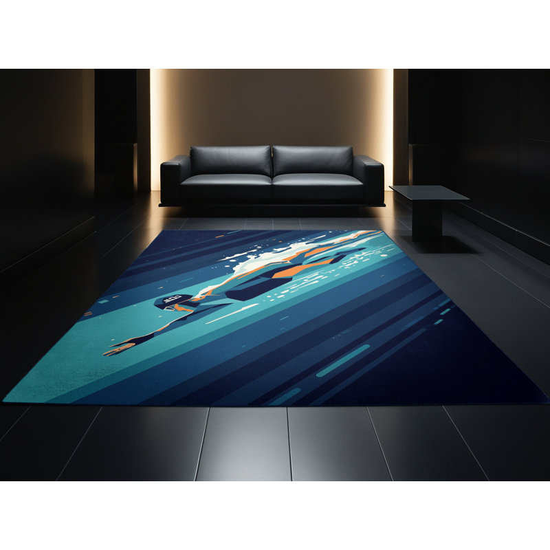 Machine Washable Marvale Swimming Freestyle Sleek & Chic Modern Rug in Blue – Navy Binding, 2x3
