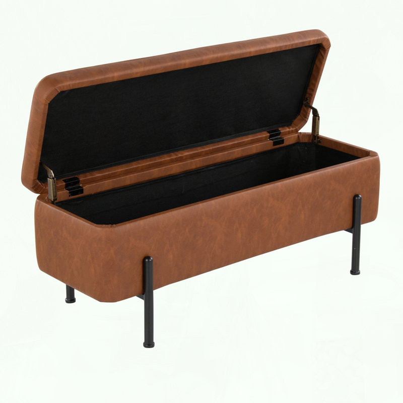 Banc de rangement contemporain en acier noir et similicuir brun clair