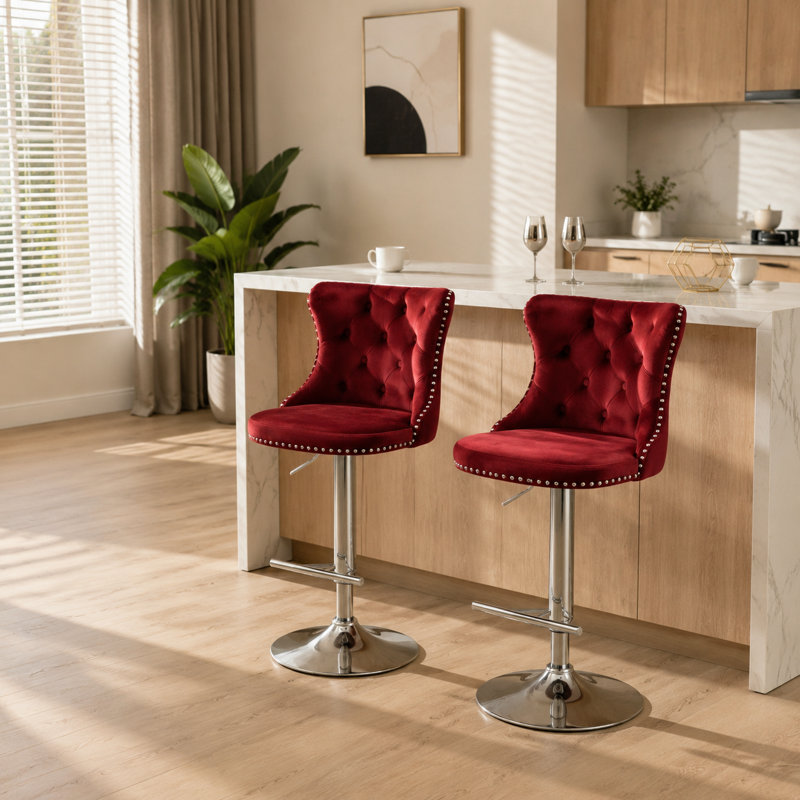 Black Velvet Tufted Swivel Bar Stools Adjustable Chrome Base for Kitchen Island, Silver, Burgundy