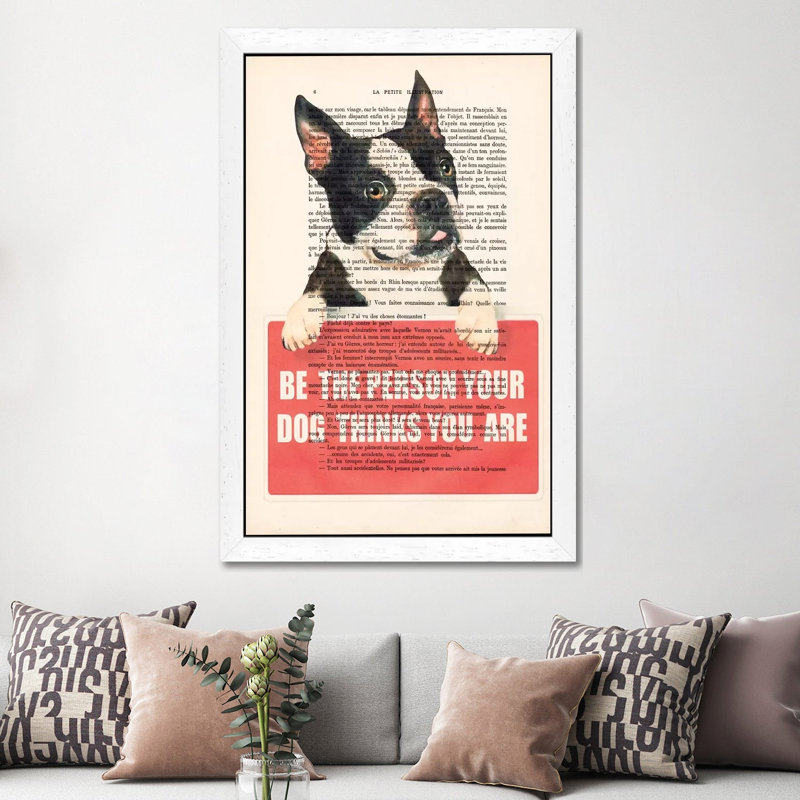 Boston Terrier With Message by Coco De Paris - Print on Canvas, 66.04 cm H x 45.72 cm W, White Floater Framed