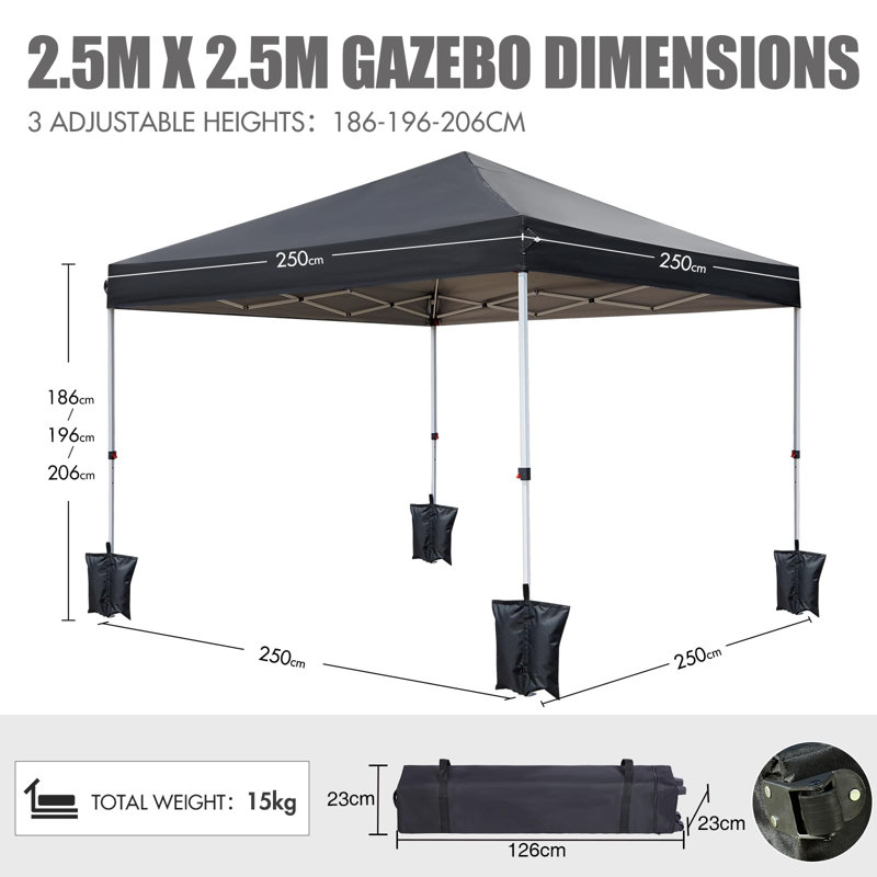 Outdoor Pop Up Gazebo Black, 206cm H x 250cm W x 250cm D