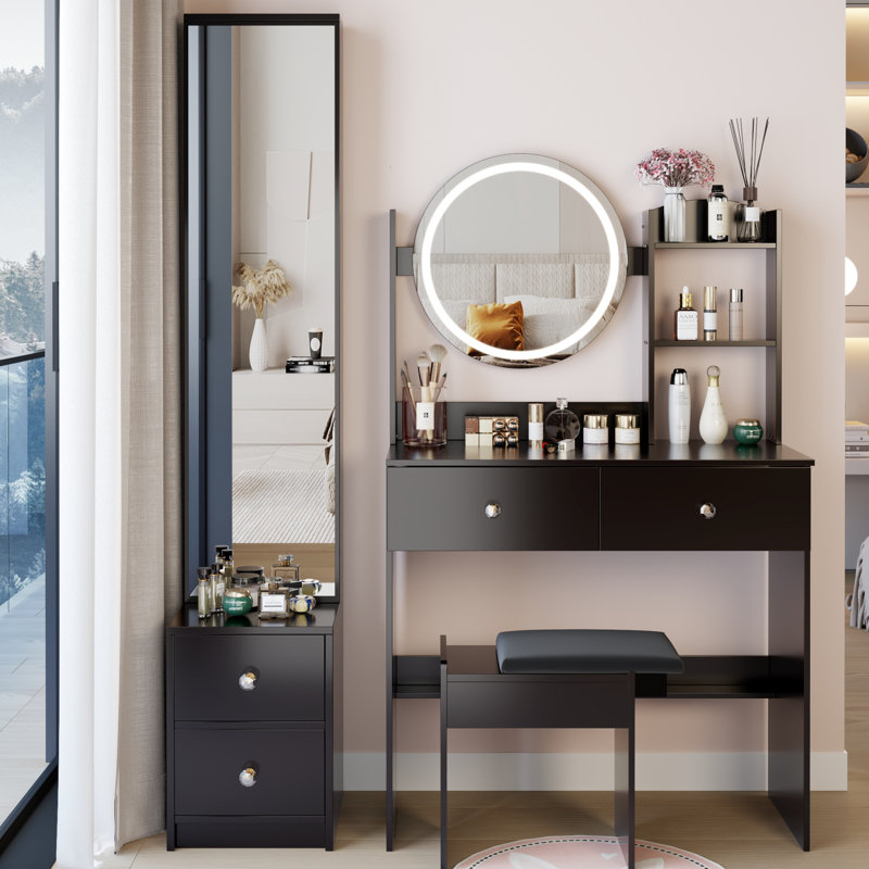 Table de meuble-lavabo à DEL à contrôle de luminosité réglable à 3 couleurs de 17 po de diamètre, avec armoire à miroir pleine grandeur et tabouret rembourré, design américain, noir, 42,87 po de profondeur, 13,79 de largeur, 61,95 de hauteur