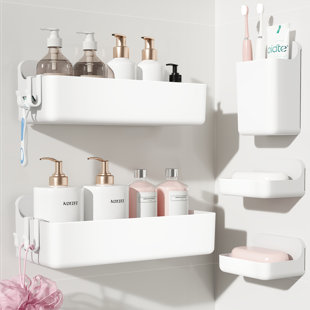5-Piece No-Drill Bathroom Storage Shelves With Hooks Wall-Mounted Plastic Shower Organizer