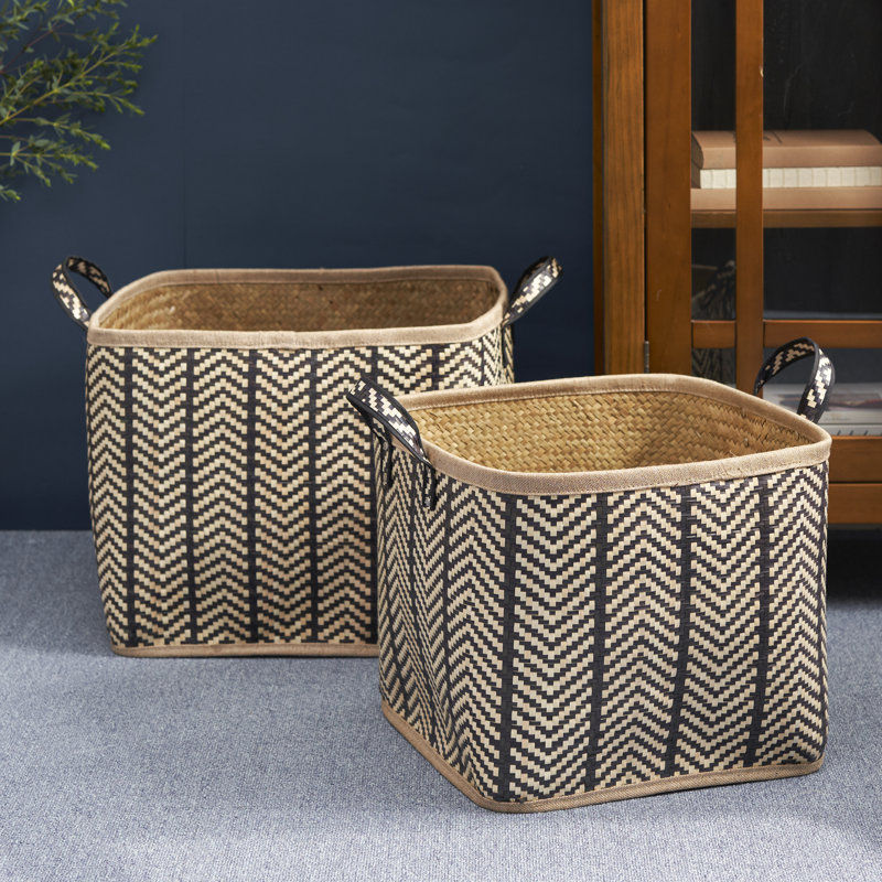 SOL HOME Isidore Square Palm Leaf Woven Wicker Storage Basket with Handles