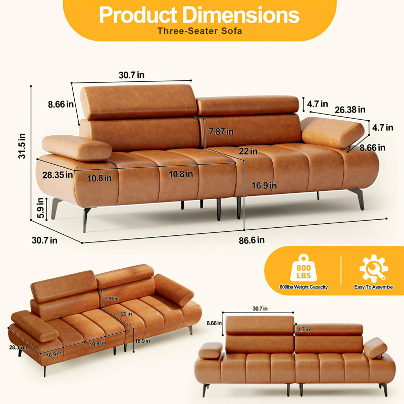 Convertible Sleeper Sofa with Adjustable Design, 3-Seater Faux Leather Futon Sofa Bed Featuring Adjustable Backrests & Headrests Split Recliner for Bedroom, Brown