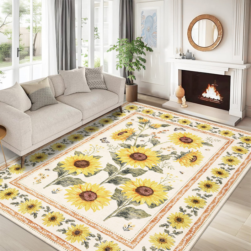 Tapis à motif floral lavable à la machine, envers à profil bas antidérapant, bordures durables, tapis rétro pour le salon, la chambre à coucher, la salle à manger beige 5 * 7