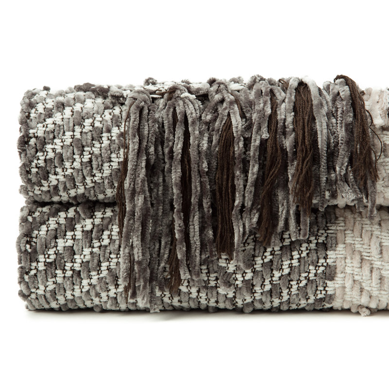 Taupe and Cream Knitted Chenille Throw Blanket with Fringe