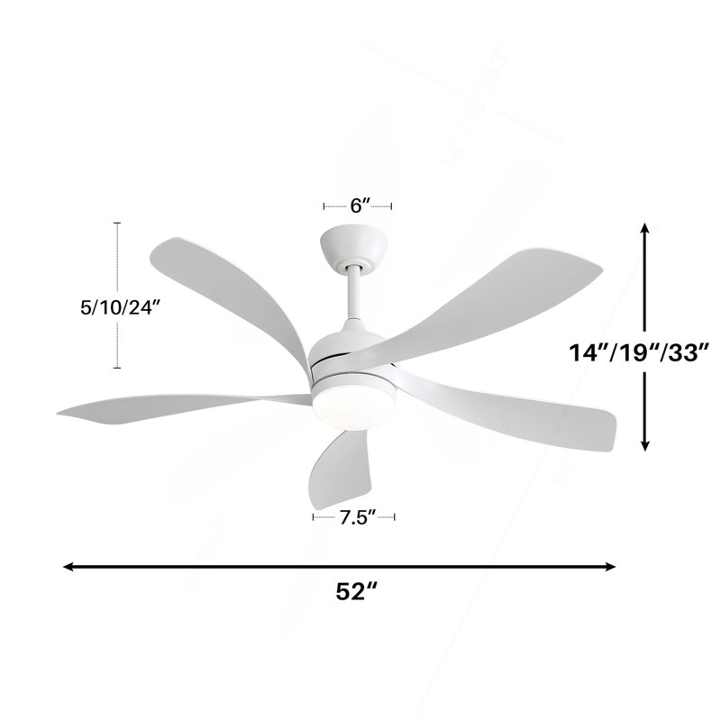 Ventilateur de plafond moderne de 52 pouces avec 5 pales en ABS, moteur à courant continu réversible, télécommande, blanc pour chambre à coucher