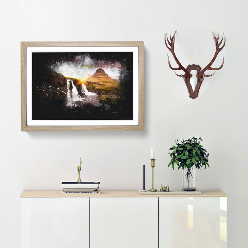 Kirkjufell Waterfalls & Mountain - Picture Frame Graphic Art Print, Oak Framed, 62cm H x 87cm W x 2cm D