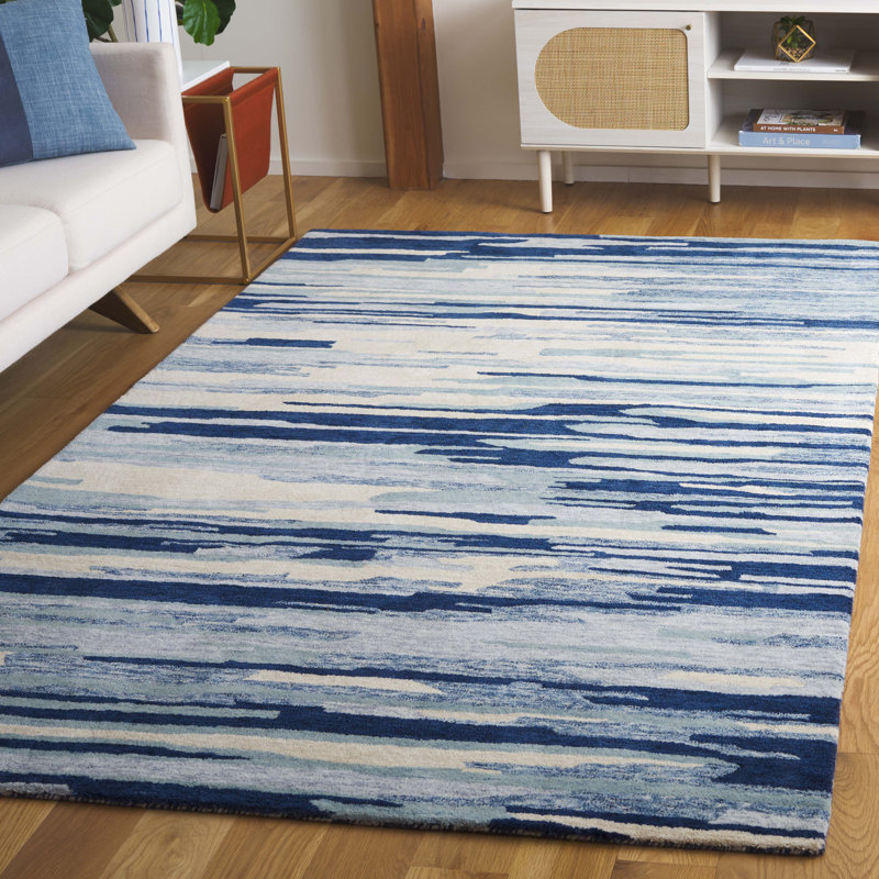 Jhenifer Tufted Wool Cotton Performance Abstract Rug in Blue/Ivory, Rectangle 5' x 8'