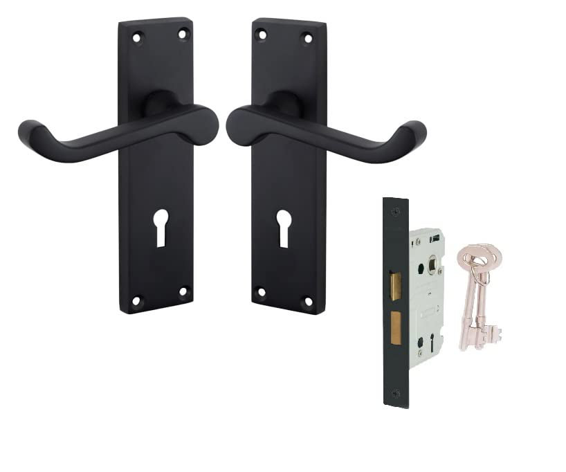 Victorian Scroll Door Handles in Matt Black Finish with Black 3 Lever Lock and Keys - 150mm x 40mm