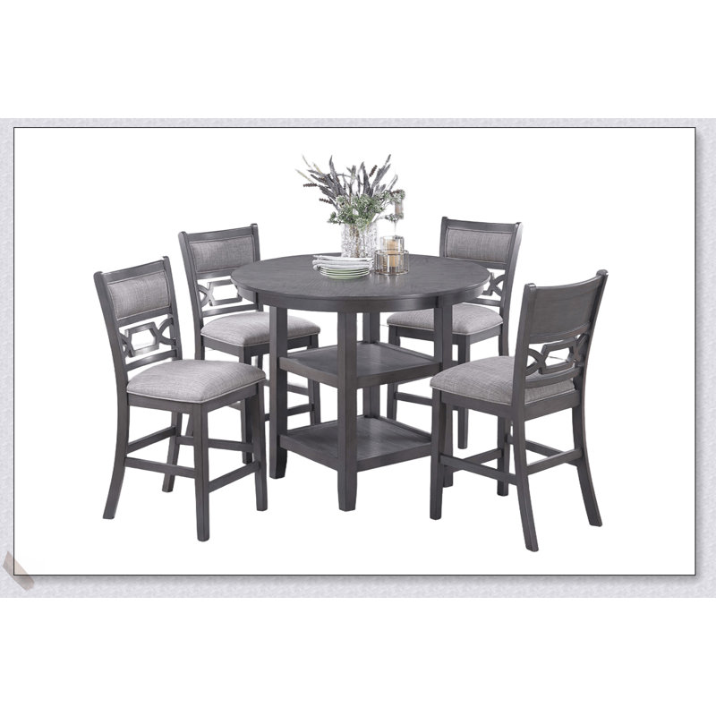 Ensemble de salle à manger à hauteur de comptoir 5 pièces gris avec table ronde, tablettes et 4 chaises hautes pour maisons contemporaines modernes