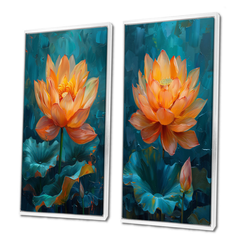 Ensemble de 2 pièces d'art mural en forme de lotus orange et bleu VIbrant, H 28 po x l 24 po, Impression encadrée, Blanc
