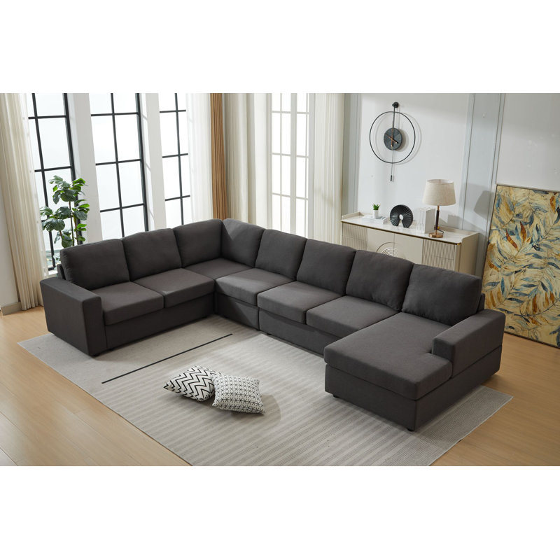 Aveya 147" Wide Reversible Modular Corner Sectional, Dark Gray Linen Blend