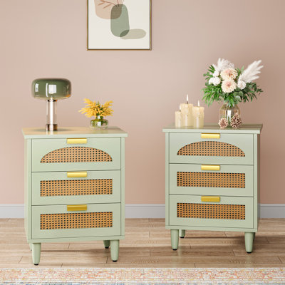 3-Drawer Rattan Nightstand Green