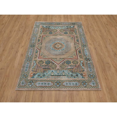 4'1"x6' Khaki Brown, Mamluk Design with Star Medallion, Hand Knotted, Textured Wool and Silk, Oriental Rug