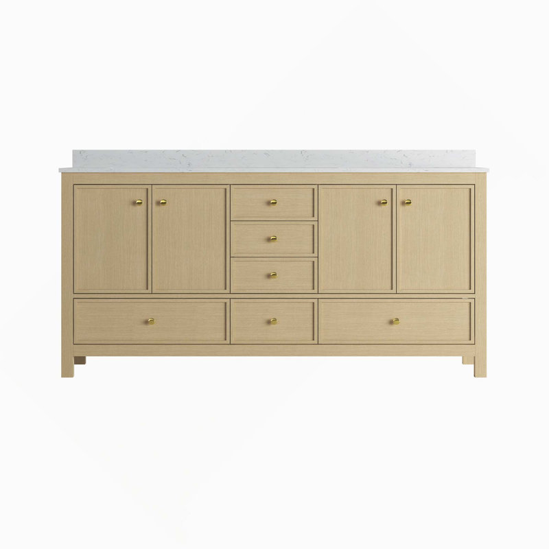 Meuble-lavabo double avec portes et tiroirs, 72", Bois naturel