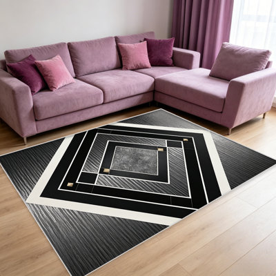 Tapis 1PC à géométrie noire, élégant tapis décoratif polyvalent, facile à nettoyer et à entretenir, meuble idéal pour la chambre à coucher, le salon, le couloir, le vestibule, le dortoir et le bureau afin de rafraîchir l'ambiance intérieure de votre maison