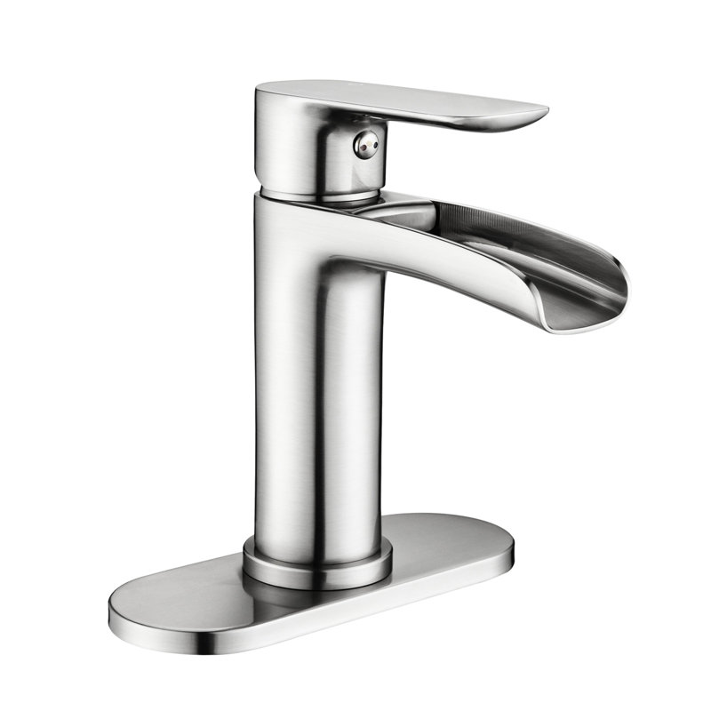 Robinet de lavabo de salle de bain en nickel brossé - poignée simple moderne avec plaque de pont et trop-plein pour salle de bain