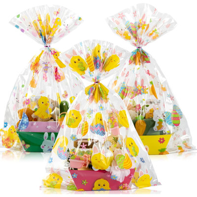 30 Pcs Easter Large Cellophane Gift Basket Bags Bulk 19.7" X 27.6" Easter Bunny Eggs Chick Gift Wrap Jumbo Holiday Plastic Goody Bags With 100 Twist Ties For Present Crafts Party Favors