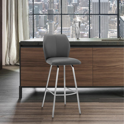 Tabouret de comptoir gris en faux cuir et acier inoxydable 26 po
