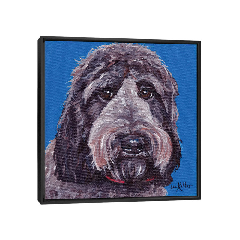 « black labradoodle on blue », impression sur toile, H 18 po x l 18 po x P 1,5 po, Toile avec cadre noir