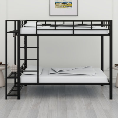 Metal Bunk Bed With Storage Mesh Shelves And Clothes Hooks,LED Light