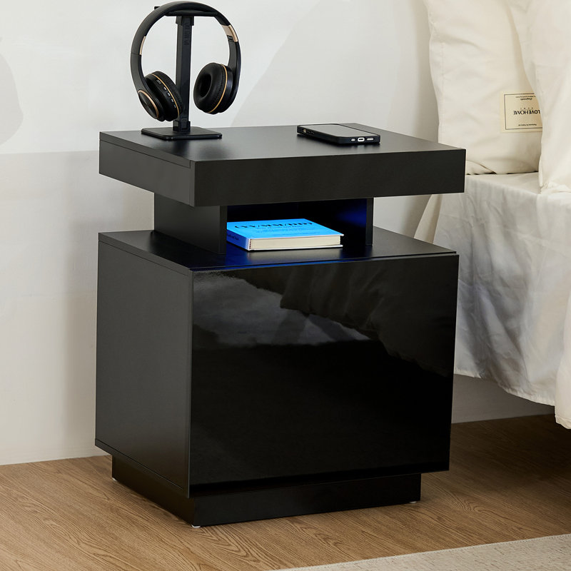 Table de chevet moderne avec bande lumineuse à DEL intelligente, Noir, noir, noir, noir