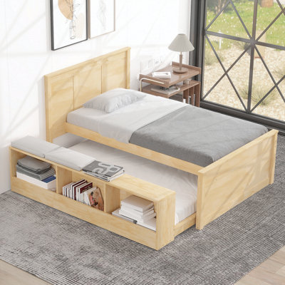 Twin Size Wooden Platform bed with Pull Out Trundle,Storage Cabinet,Natural