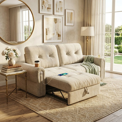 Canapé-lit convertible 77 po avec porte-gobelet USB pour lit escamotable 77 po, canapé-lit en chenille 2 en 1 pour salon, chambre à coucher, petits espaces, beige