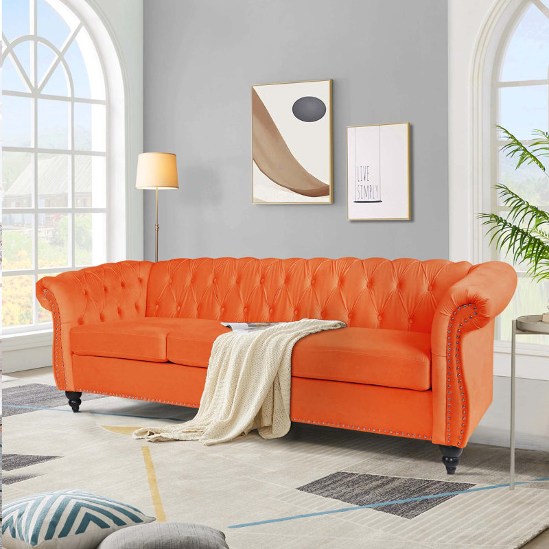 Jemotte 83.85'' Upholstered Velvet Sofa, Orange Velvet
