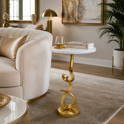 Table décorative ronde pour le salon - Petite table d'appoint de table d'appoint à piédestal - 24 po, blanc et or