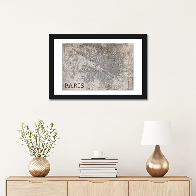Carte de Paris, rétro par PI Studio - impression, H 8 po x l 12 po x P 0,75 po, Pas de tapis, Papier d'art encadré noir