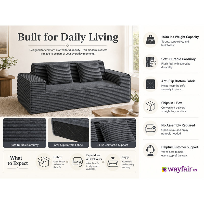 Canapé en velours côtelé de 75 po de largeur avec sièges profonds, Grey Foam Padding, Grey