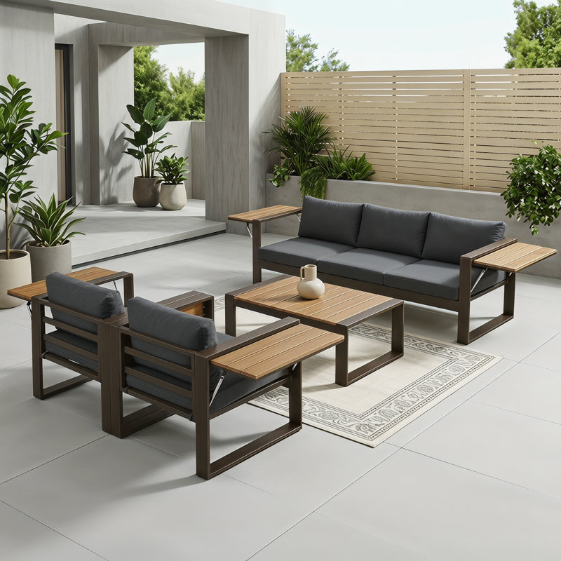 Ensemble de meubles de patio 4 pièces modernes toutes saisons, canapé d'extérieur à 5 places avec cadre en aluminium pour 5 personnes, 2 fauteuils avec tables d'appoint rabattables