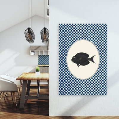 Impression sur bois foncé, motif indigo, poisson traditionnel, nature, océan