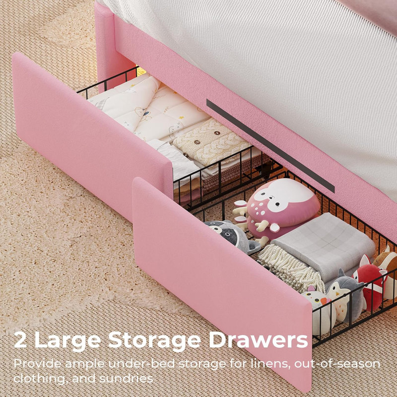 Full LED Bed Frame with Storage Headboard & 2 Storage Drawers, Princess Upholstered Bed with Charging Station & Crystal Button & Crown, Velvet Platform Bed, Curved Legs, Pink
