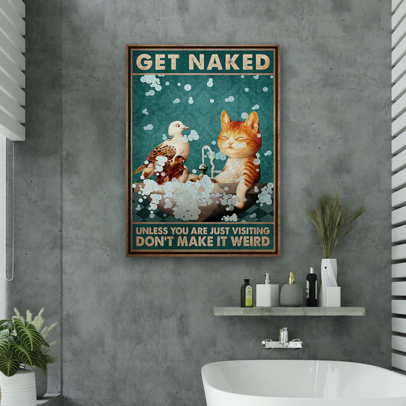 Chat brun et oiseau dans le bain - Toile tendue avec une galerie - Illustration de salle de bain et de lessive, décor de salle de bain noir et brun