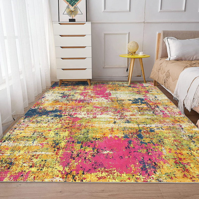 Abstract Machine Washable Rug with Rubber Backing for Living Room Modern Non-Slip Dining Room Rug Printed Faux Wool Rugs for Bedroom Floor Carpet for Office Nursery Playroom